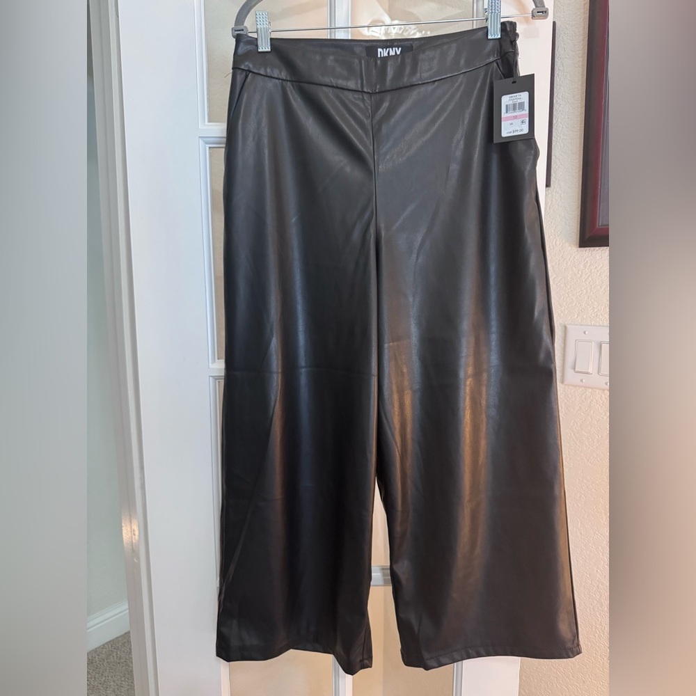 DKNY Black Faux Leather Wide-Leg Pants